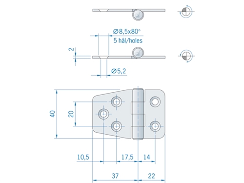 Roca staartscharnier vlak RVS 59 x 40 mm 441500