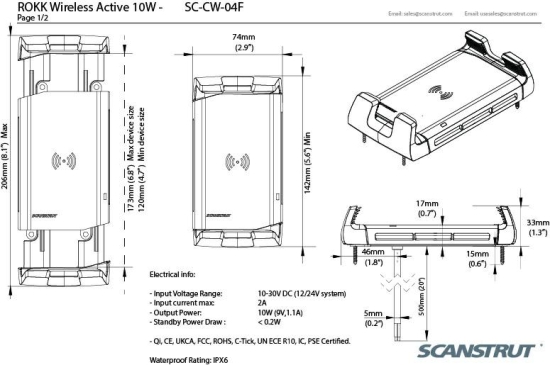 ROKK Wireless - Active. 10W Waterproof wireless phone charging mount 12/24V