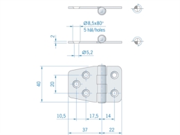 Roca staartscharnier vlak RVS 59 x 40 mm 441500