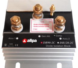 allpa Diode Blok model DB-120-2C  max. Laadstroom 100A  max. Dynamostroom 120A  2 Accu's  60x120x100